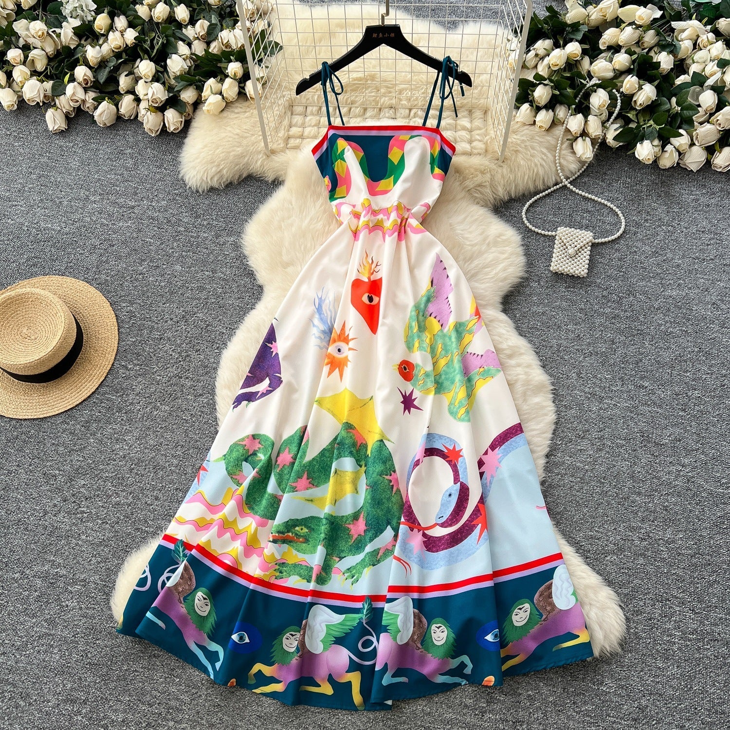 Light Luxury Graffiti Printing Slip Dress Women - Magic Store